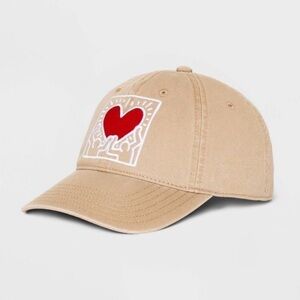 Keith Haring Mens Tan Beige Mad Engine Heart Hat Adjustable Baseball Cap